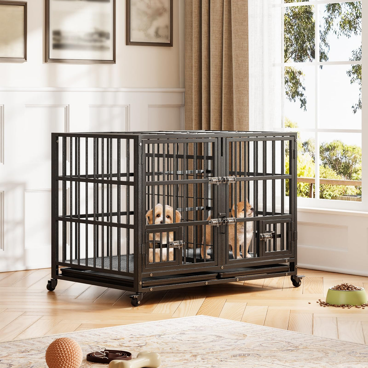 42 inch Heavy Duty Metal Dog Crate with Removable Tray and Wheels K897