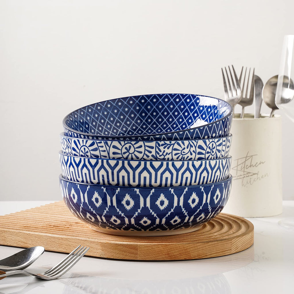 Ceramic Pasta Bowls Set of 4, 30 OZ Vintage Blue B726
