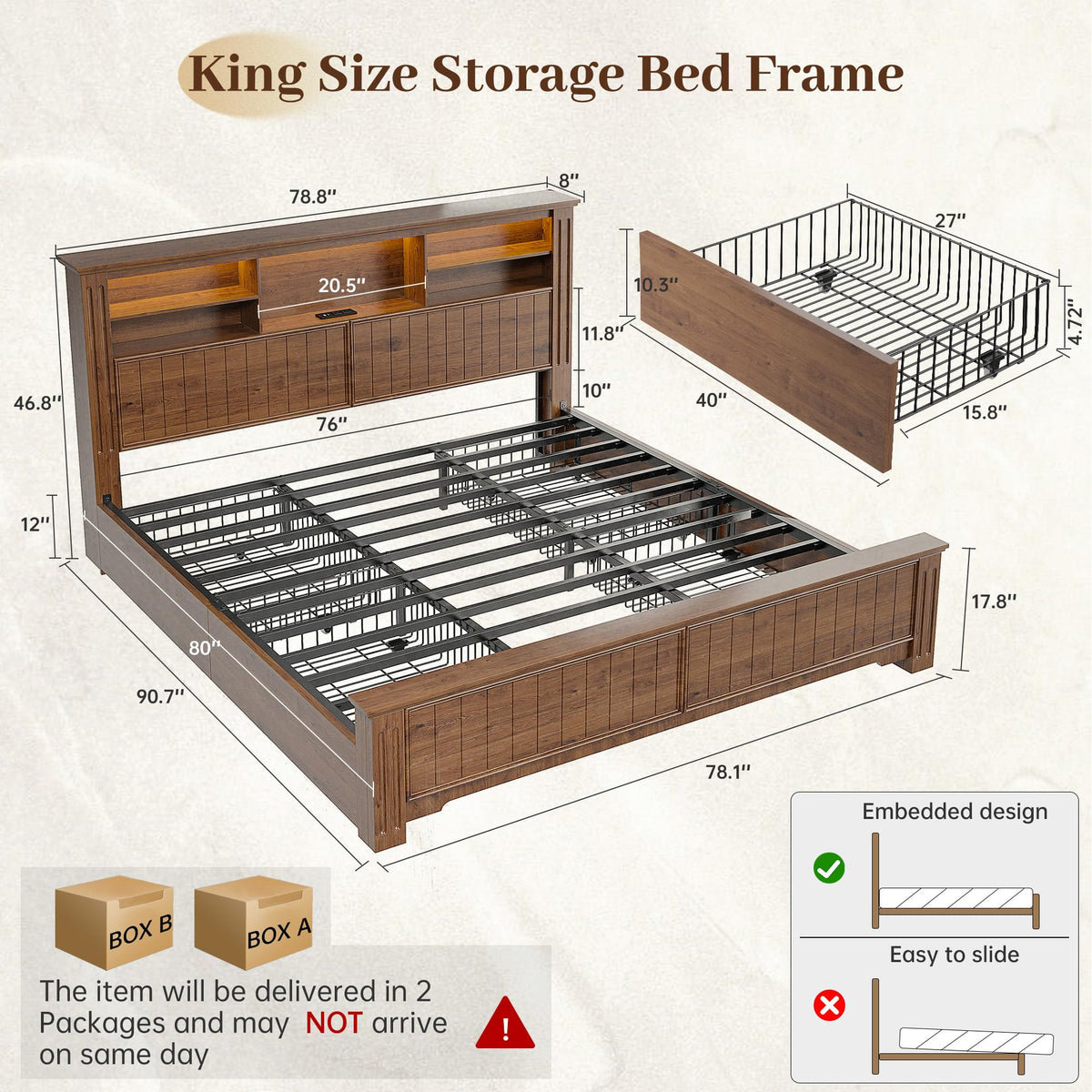 King Bed Frame with 4 Storage Drawers and Headboard Shelf, Brown W531031