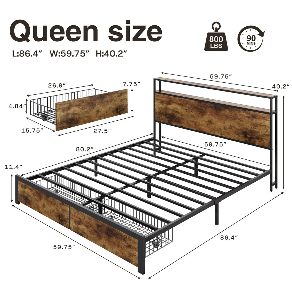 Queen Metal Bed Frame with Storage Headboard and 2 Drawers X59742