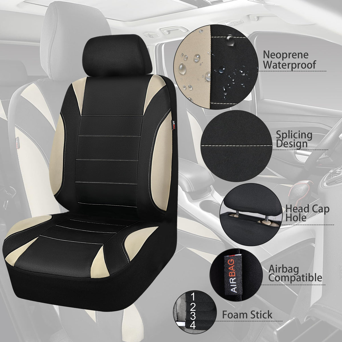 Waterproof Car Seat Covers Full Set Black and Beige J927846