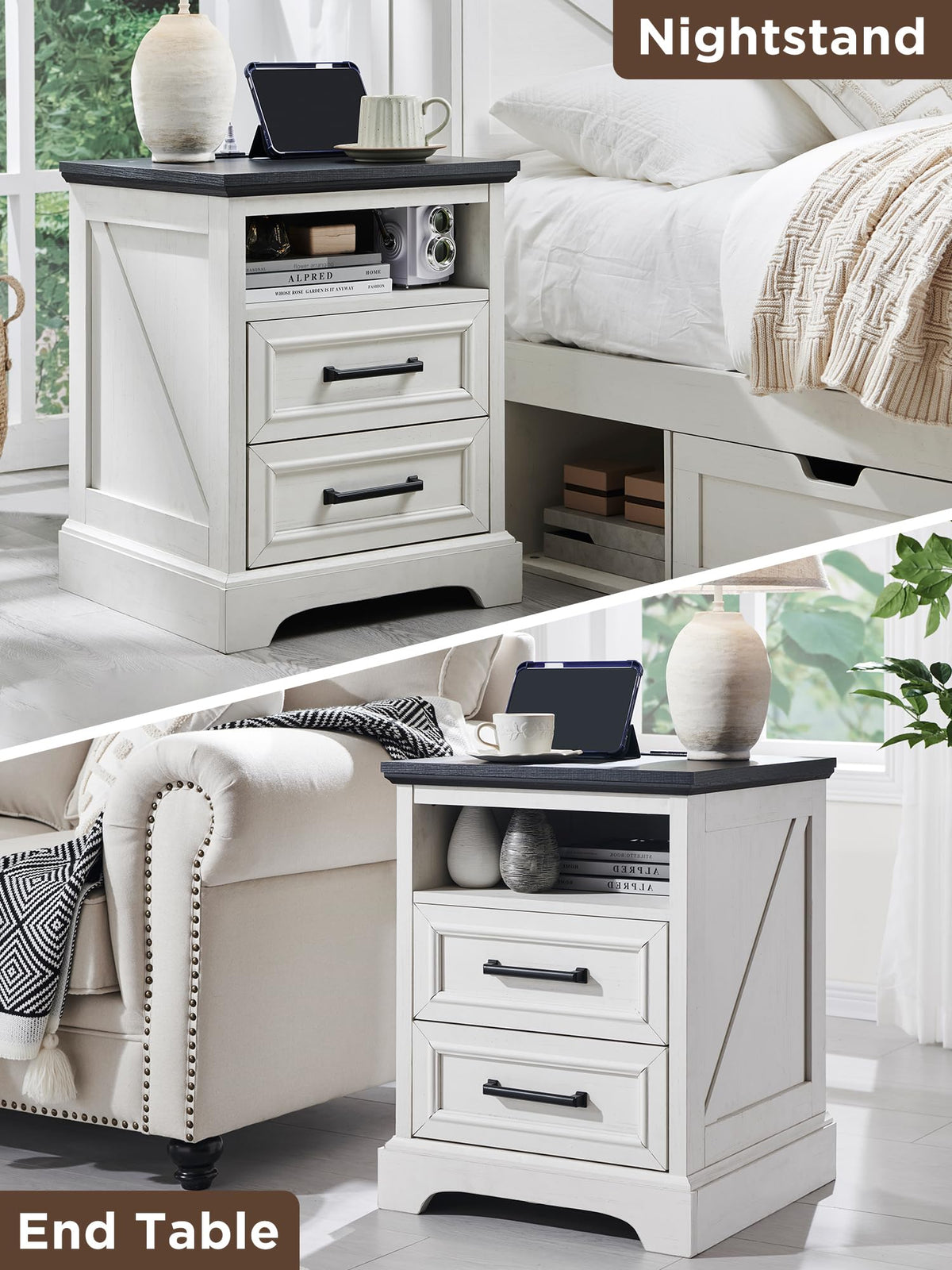 18" Antique White Nightstand with Charging Station L80976