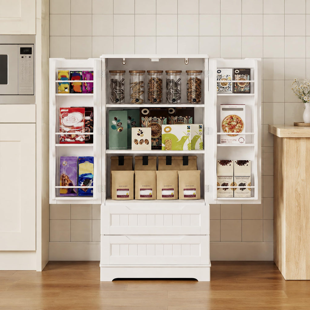 White Pantry Cabinet with 2 Drawers and 6 Door Shelves Z885932