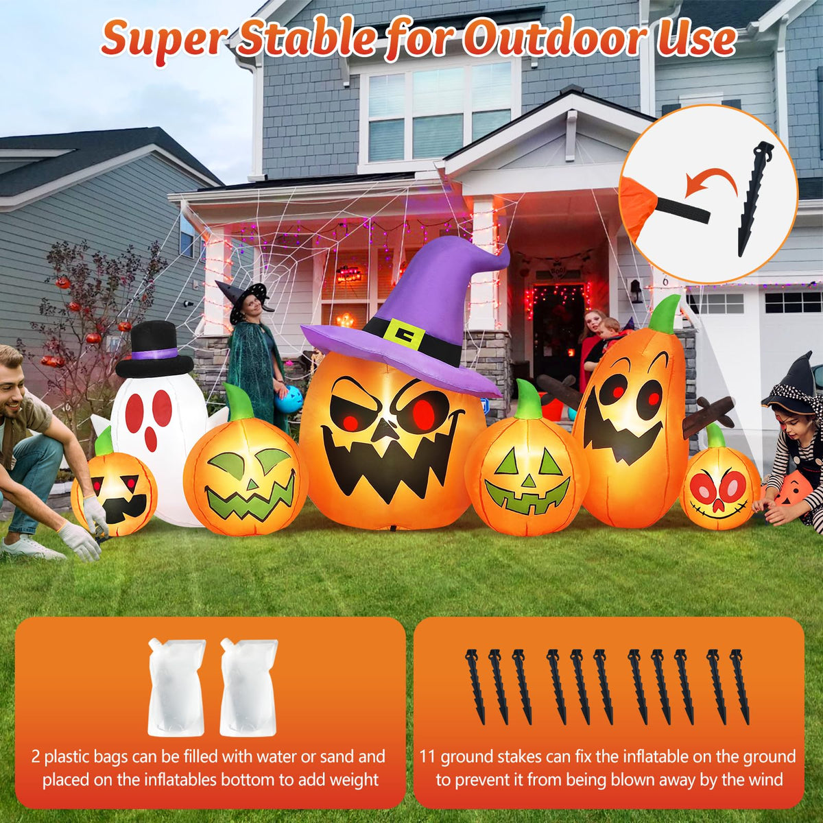 8FT Halloween Inflatables Pumpkin Witch Hat & Ghost Combo D7232