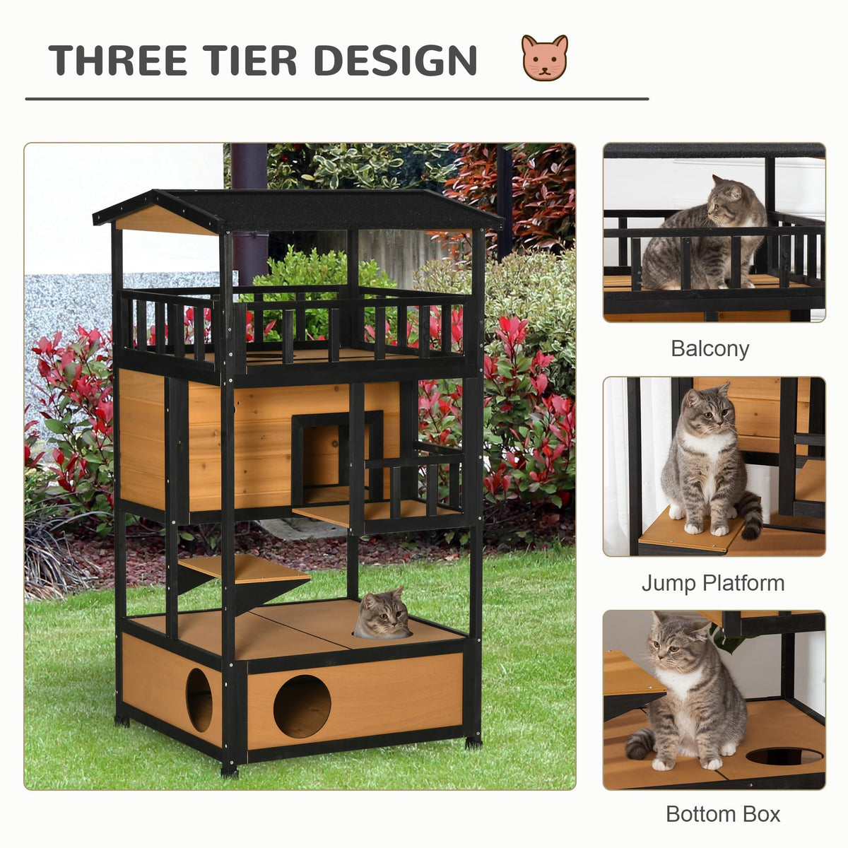 3-Story Wooden Outdoor Cat House with Raised Floor J24371