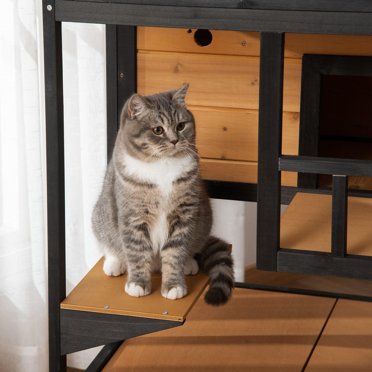 3-Story Wooden Outdoor Cat House with Raised Floor J24371