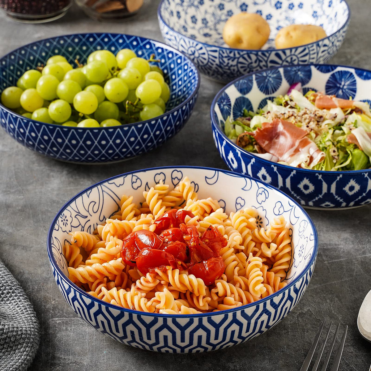 Ceramic Pasta Bowls Set of 4, 30 OZ Vintage Blue B726