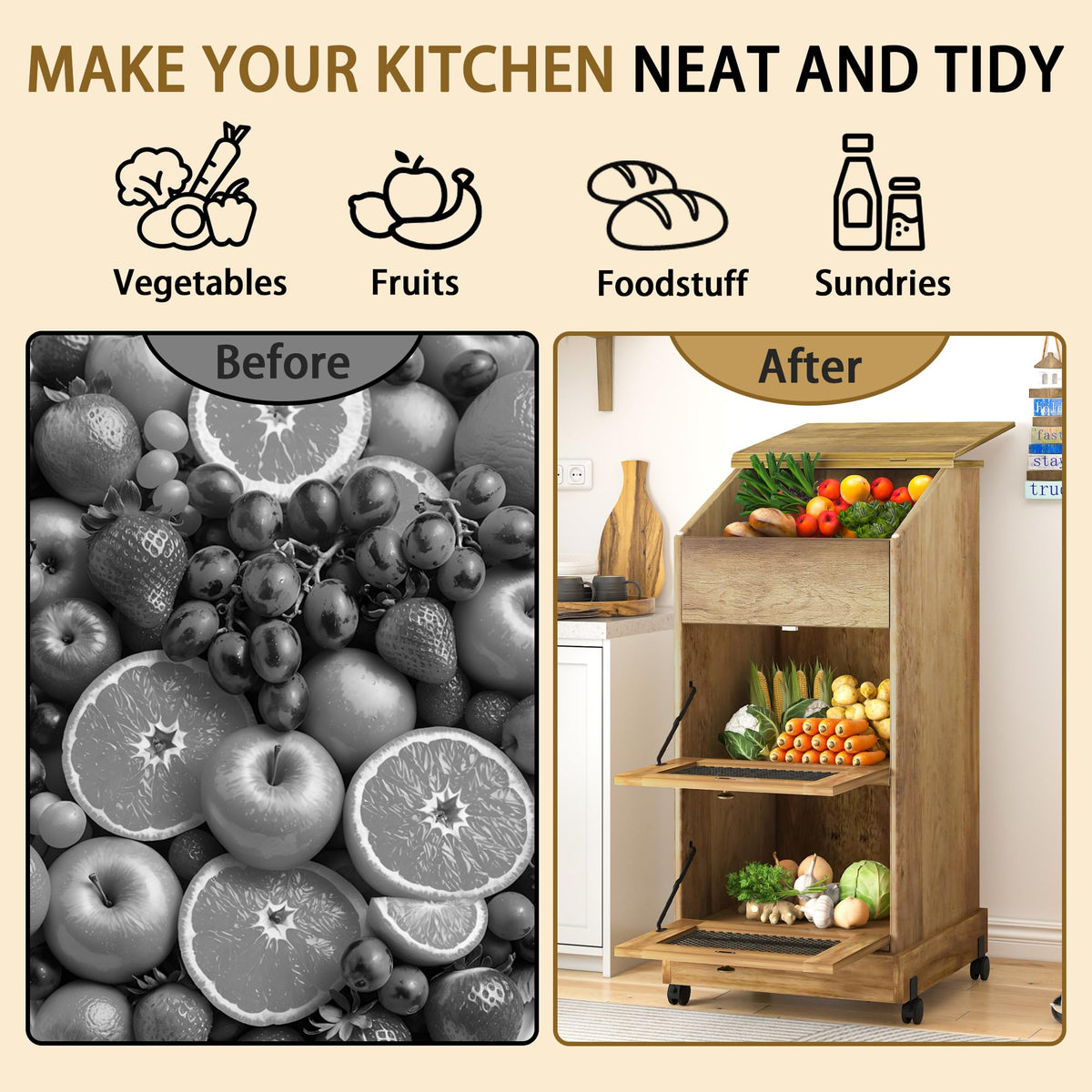 3 Tier Wooden Potato and Onion Storage Bin with Wheels V55497