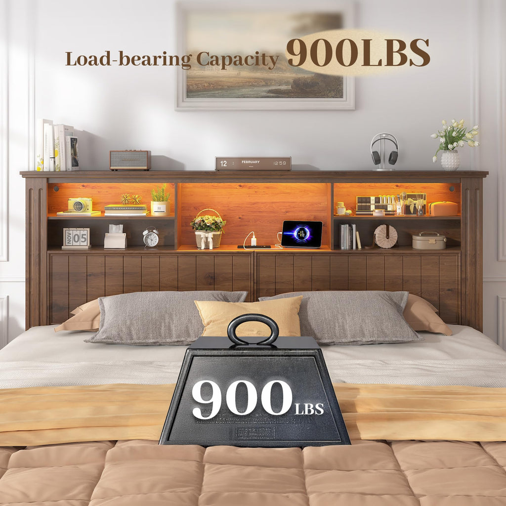King Bed Frame with 4 Storage Drawers and Headboard Shelf, Brown W531031