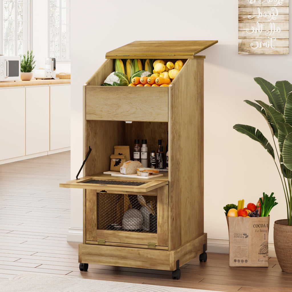 3 Tier Wooden Potato and Onion Storage Bin with Wheels V55497