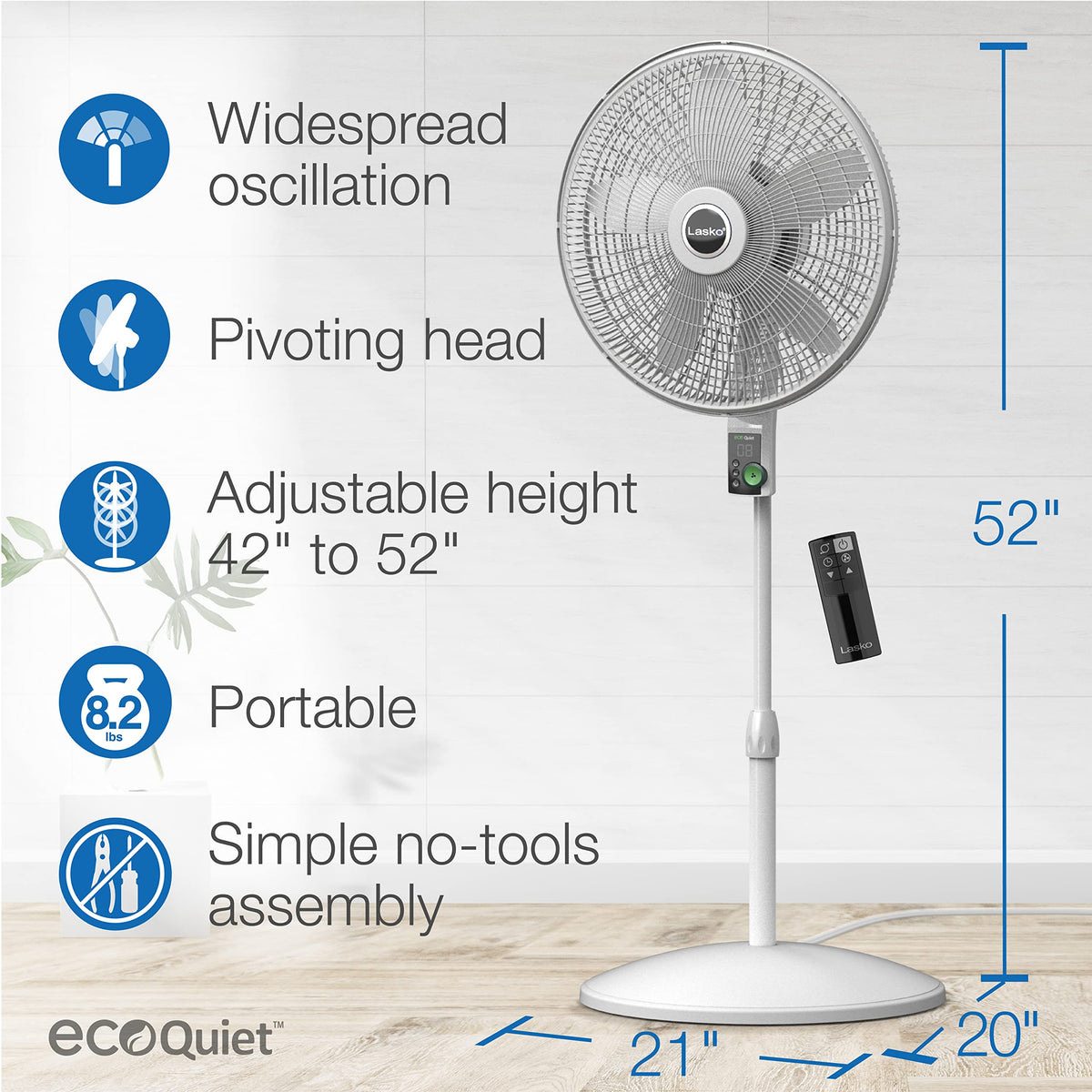Oscillating Pedestal Fan with 12 Speeds, 8 Hour Timer, Adjustable Height, Remote Control, White L644