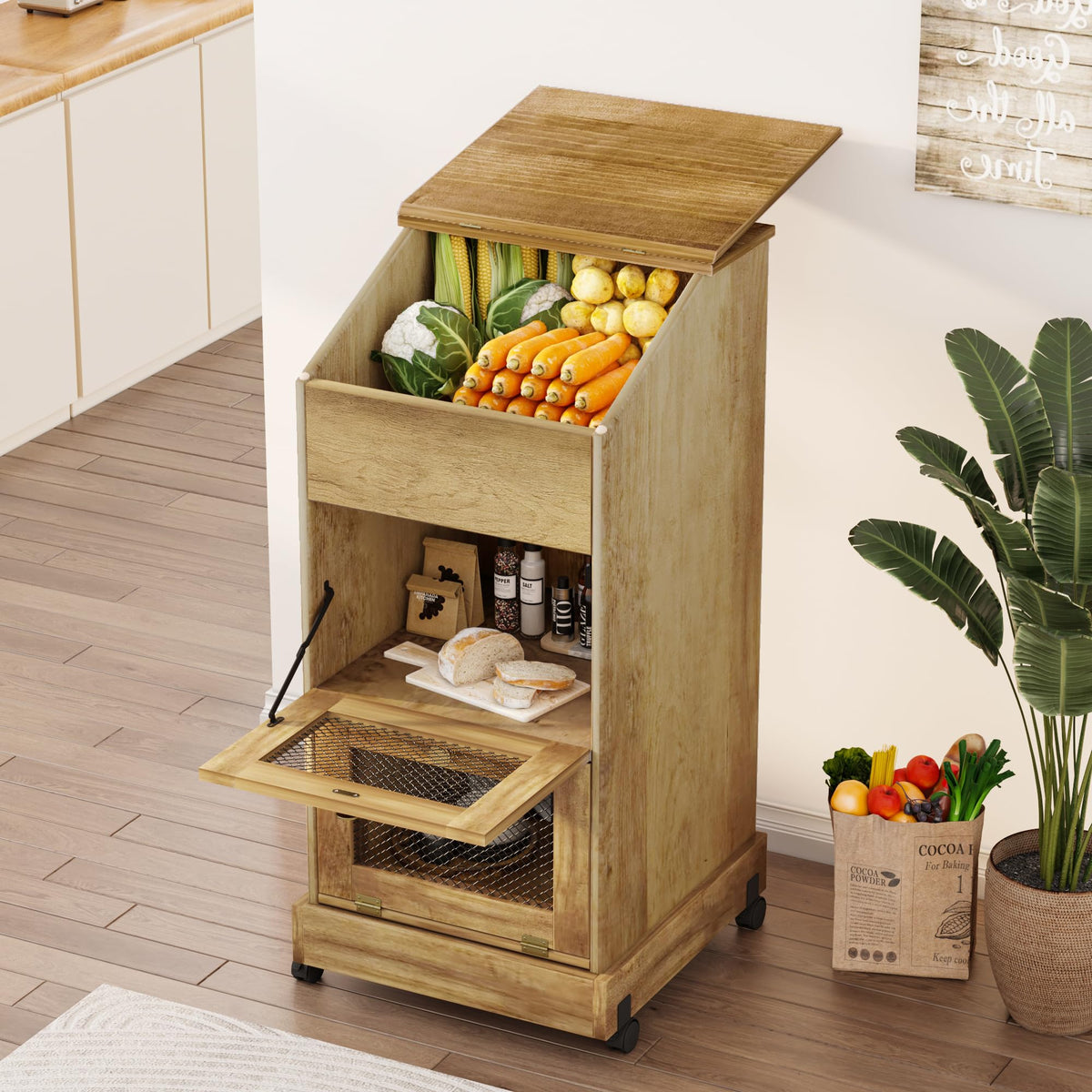 3 Tier Wooden Potato and Onion Storage Bin with Wheels V55497