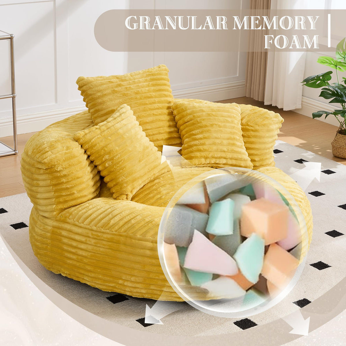 43" Mustard Yellow Corduroy Beanbag Sofa with Memory Foam A5226