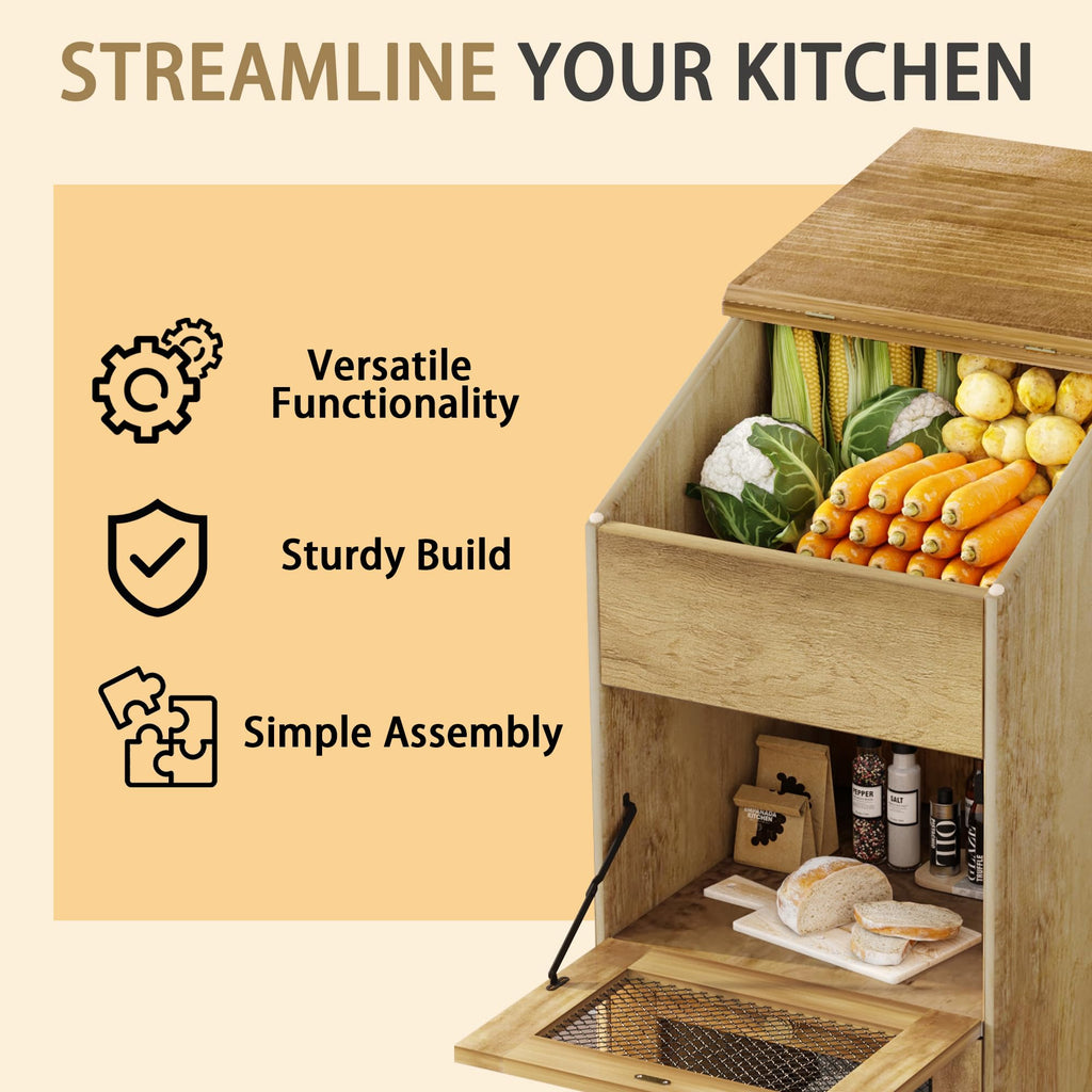 3 Tier Wooden Potato and Onion Storage Bin with Wheels V55497