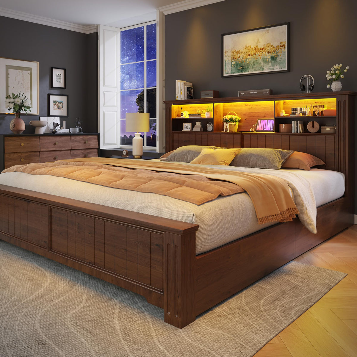 King Bed Frame with 4 Storage Drawers and Headboard Shelf, Brown W531031