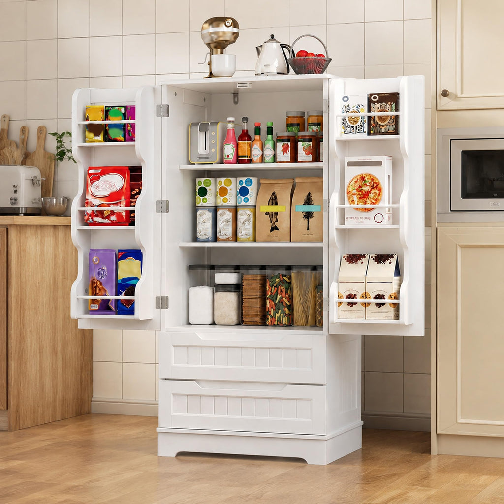 White Pantry Cabinet with 2 Drawers and 6 Door Shelves Z885932