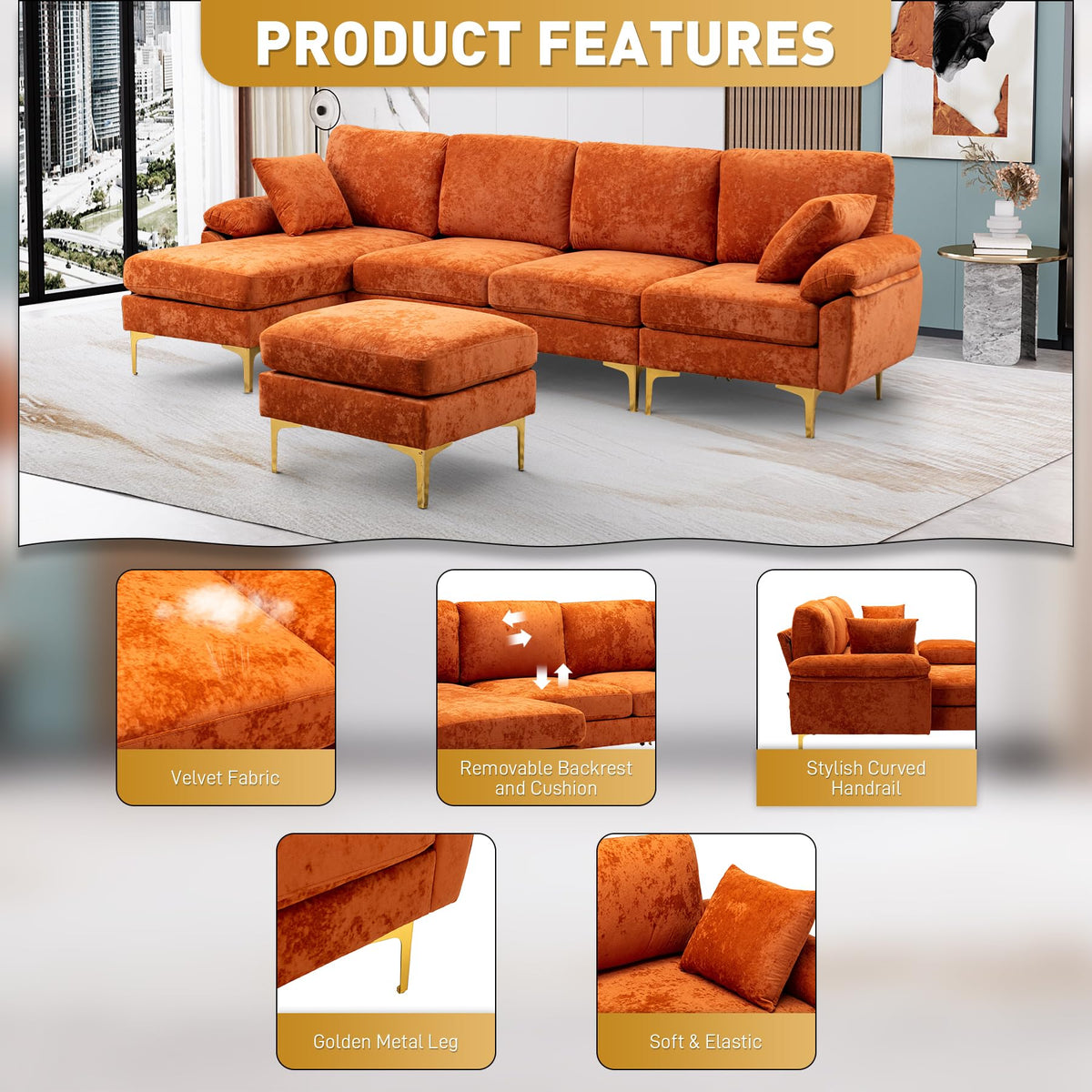 114" U-Shaped Velvet Sectional Couch with Ottoman L621