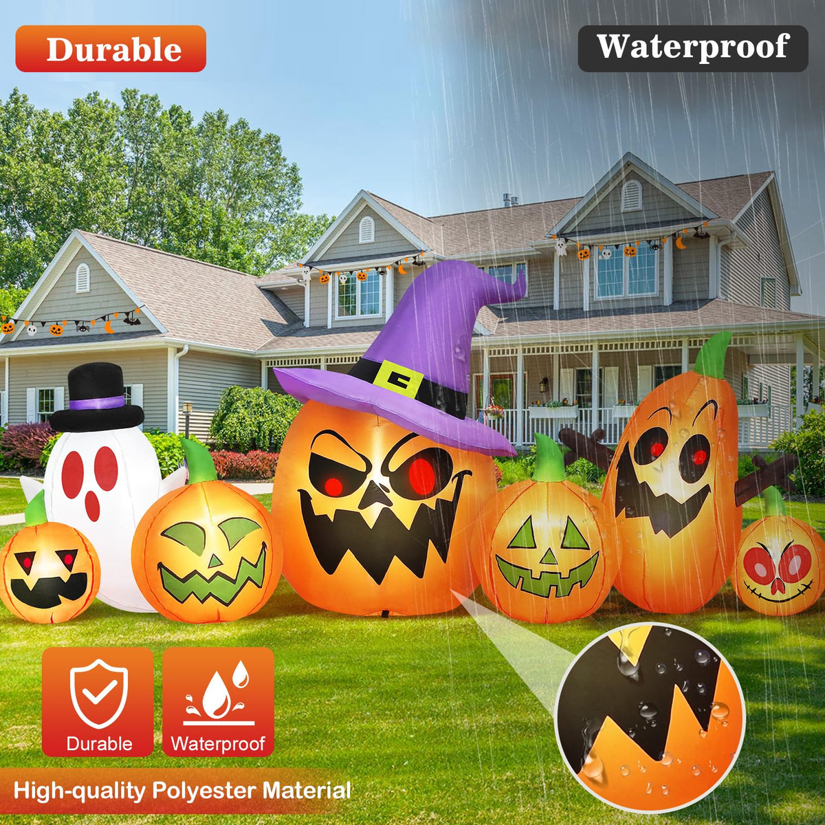 8FT Halloween Inflatables Pumpkin Witch Hat & Ghost Combo D7232