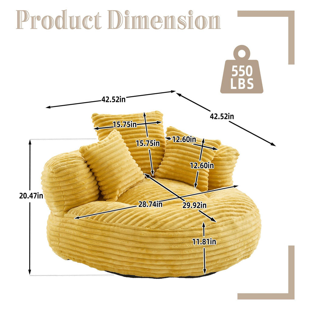 43" Mustard Yellow Corduroy Beanbag Sofa with Memory Foam A5226