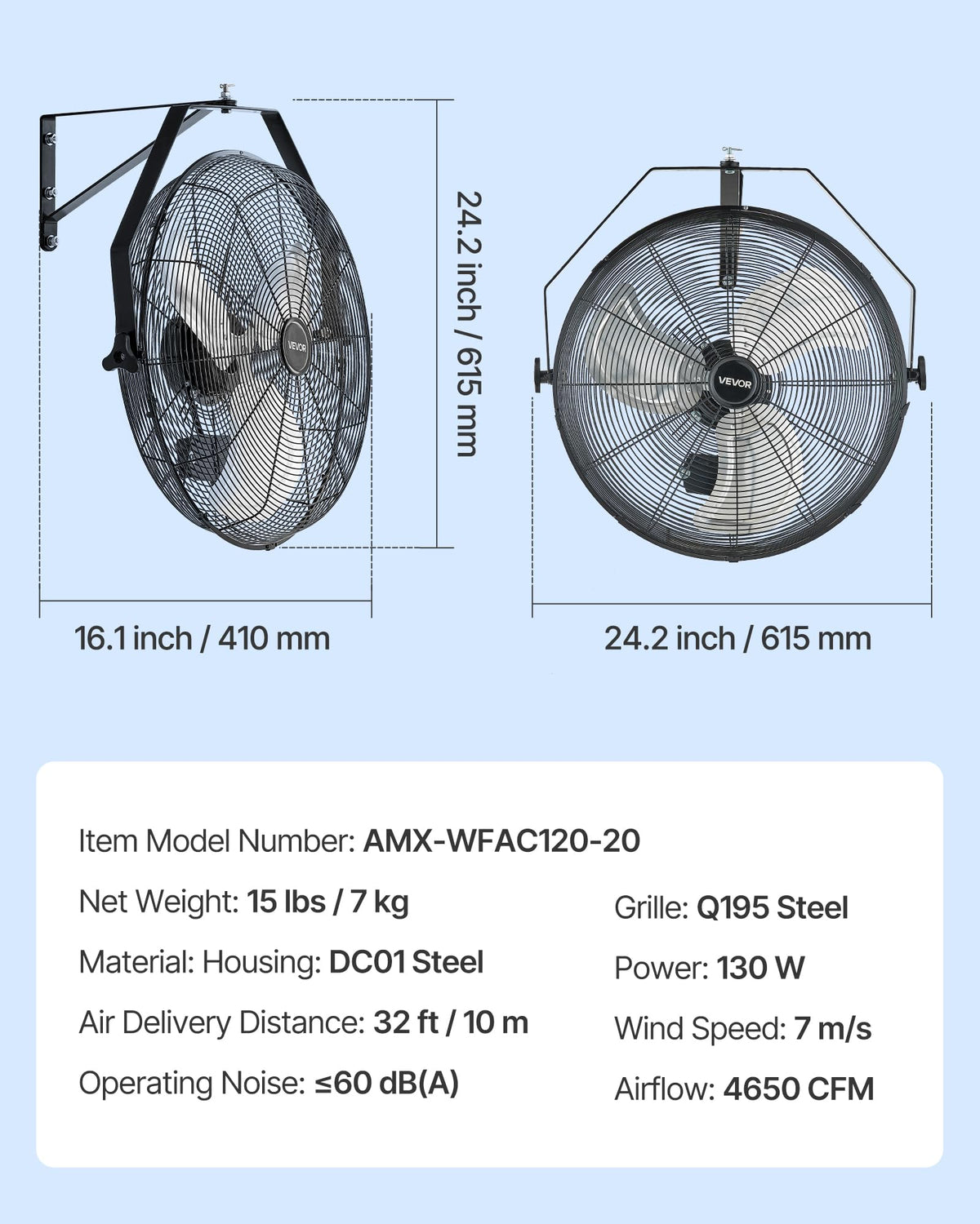 20 Inch Industrial Wall Mount Fan 3 Speeds B7674