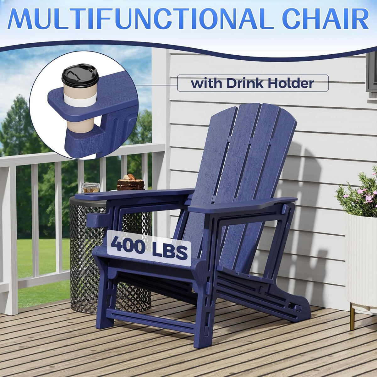 Navy Blue All Weather Plastic Adirondack Chair with Cup Holder O21084