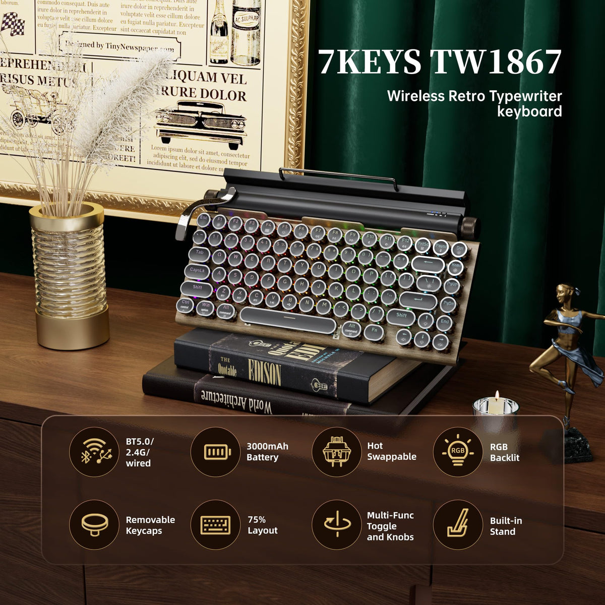 Wireless Retro Mechanical Keyboard with Wrist Rest N95234