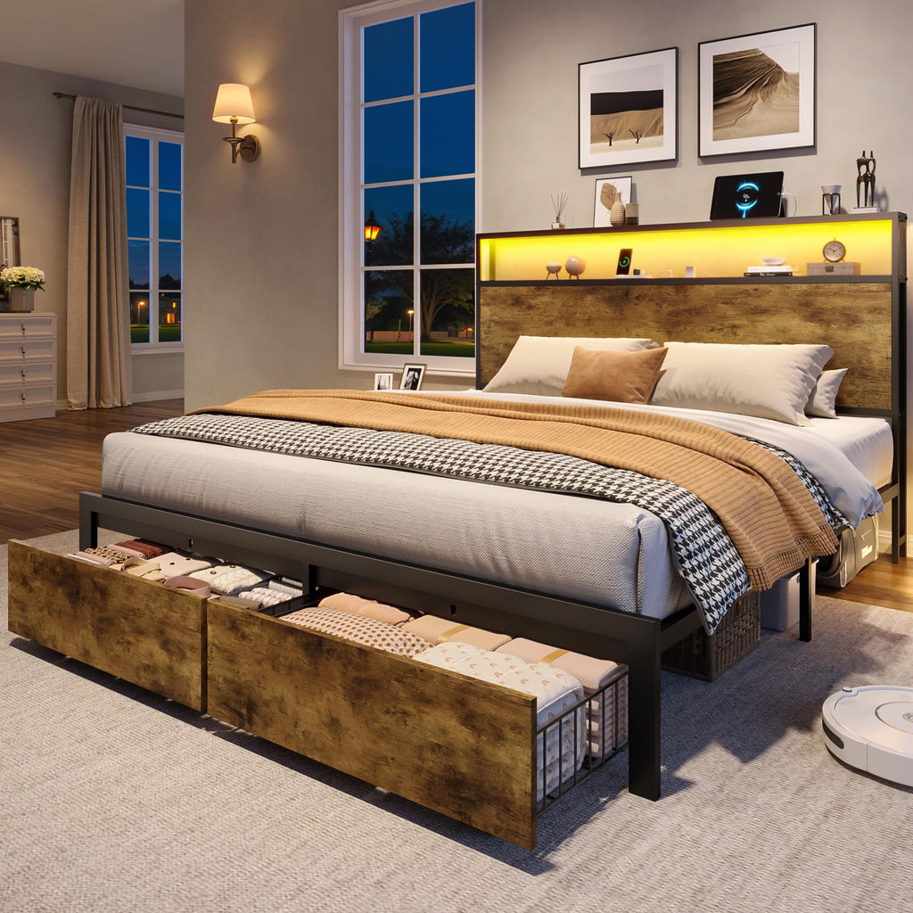 Queen Metal Bed Frame with Storage Headboard and 2 Drawers X59742
