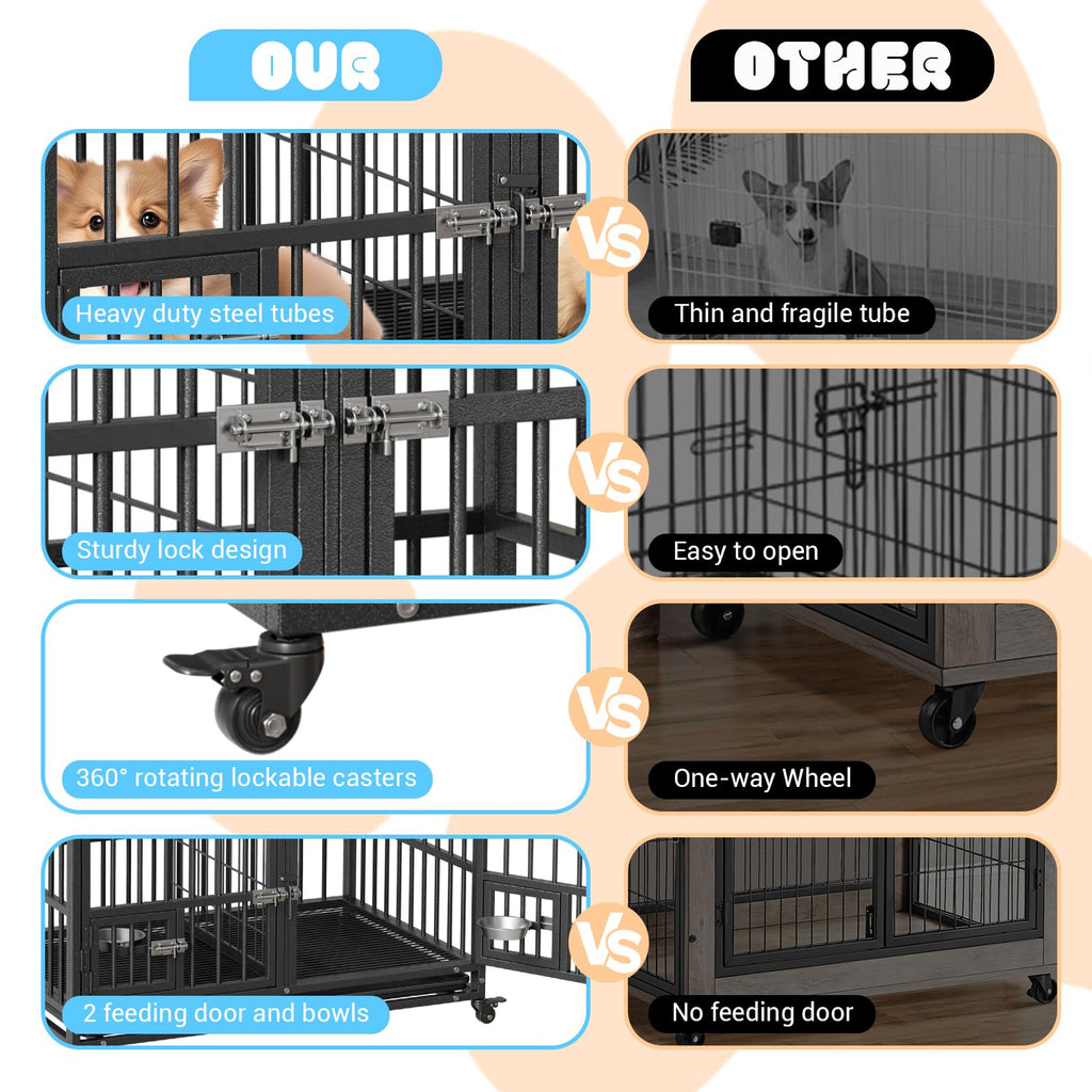 42 inch Heavy Duty Metal Dog Crate with Removable Tray and Wheels K897