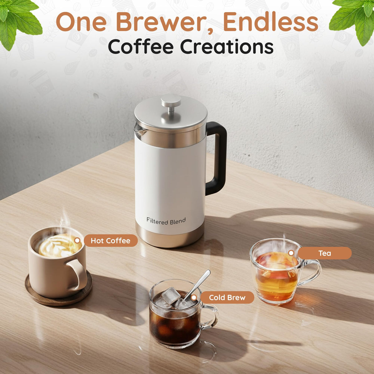 54 oz White Stainless Steel French Press Coffee Maker T201