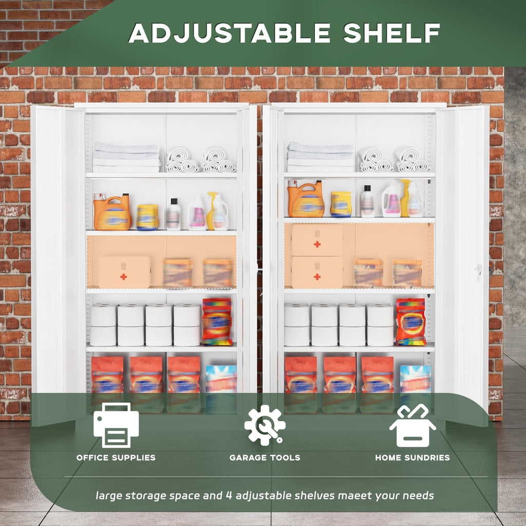 72" White Locking Metal Storage Cabinet with 4 Adjustable Shelves P719876