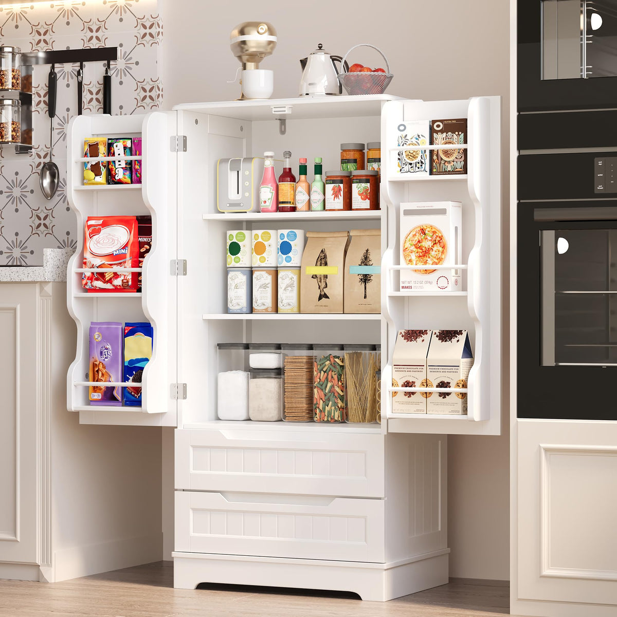 White Pantry Cabinet with 2 Drawers and 6 Door Shelves Z885932