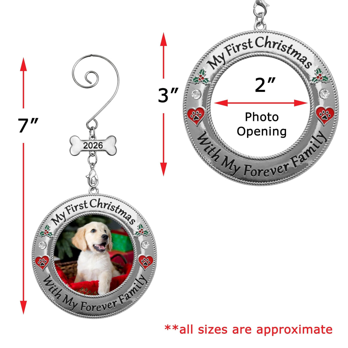 Dog Photo Ornament with Red Heart, 3 Inch B4837