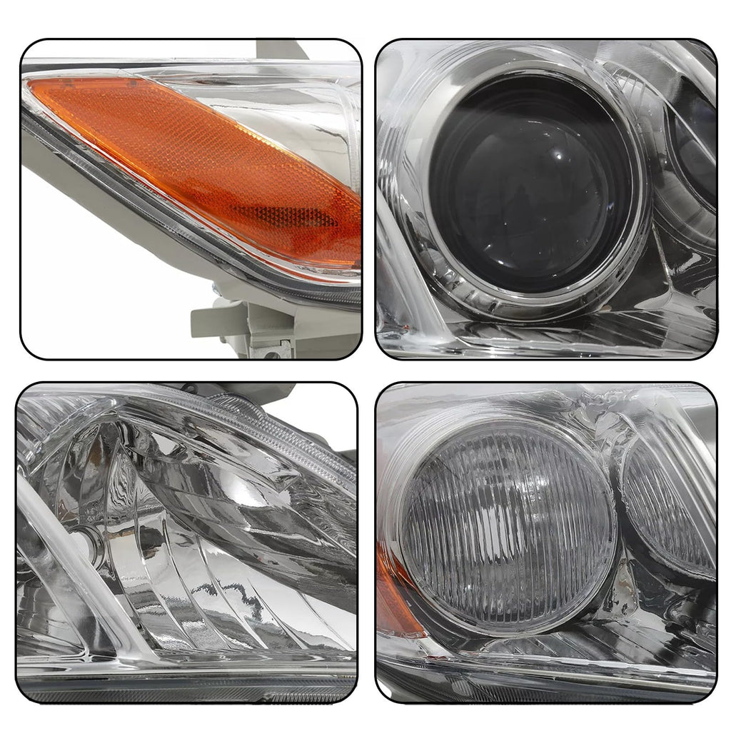 Pair Headlights Assembly Compatible With 2007-2009 Toyota Camry Driver Passenger Side Halogen Chrome Housing Clear Lens B116