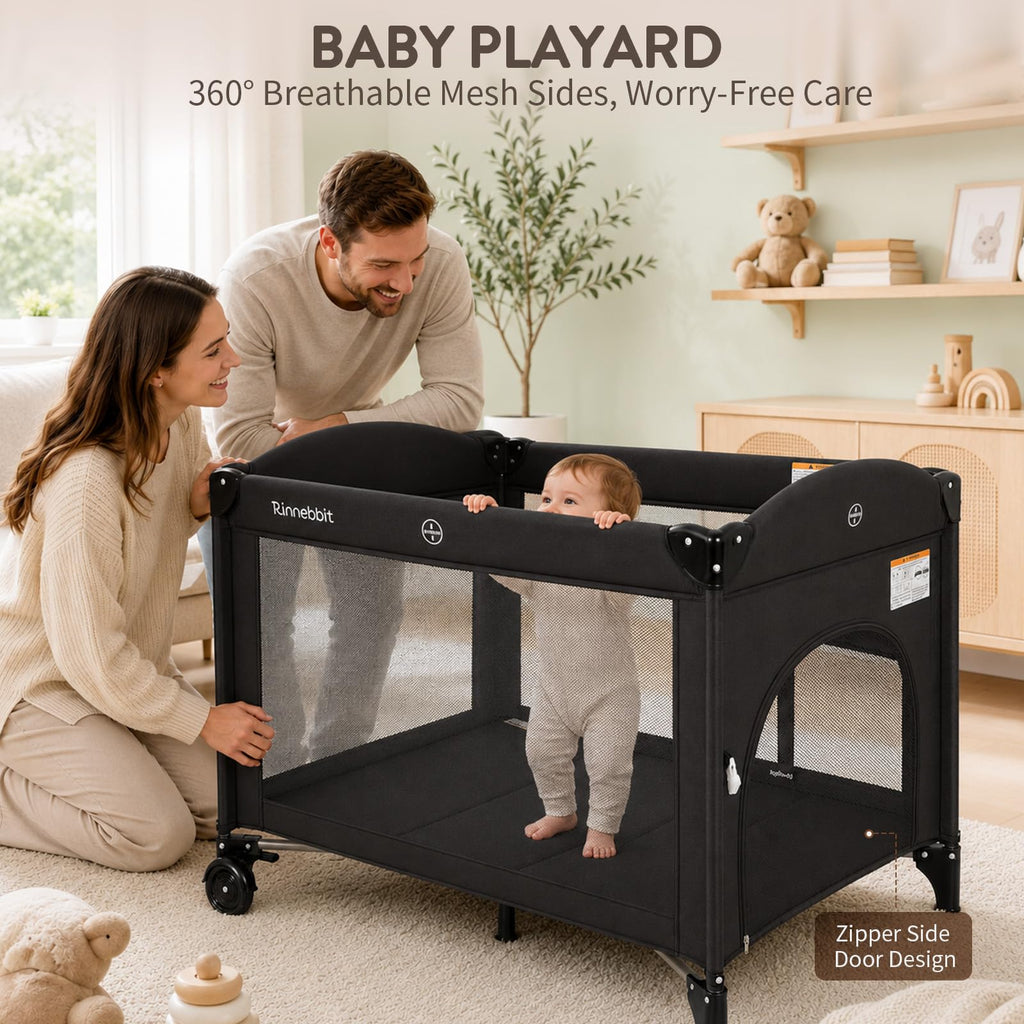 4-in-1 Pack and Play, Baby Bassinet Bedside Sleeper, Black T428