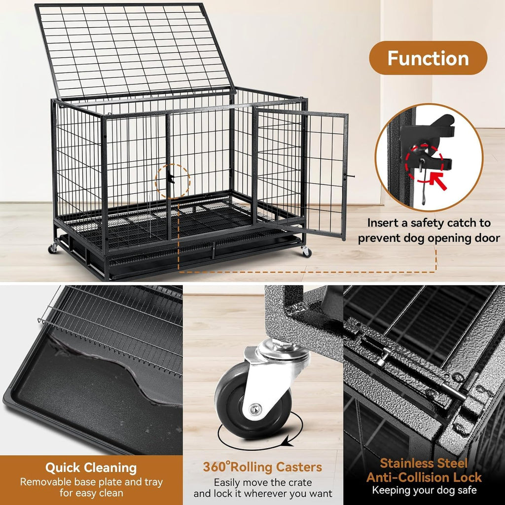 48 inch Wire Dog Crate with Lockable Wheels and Removable Tray Y332