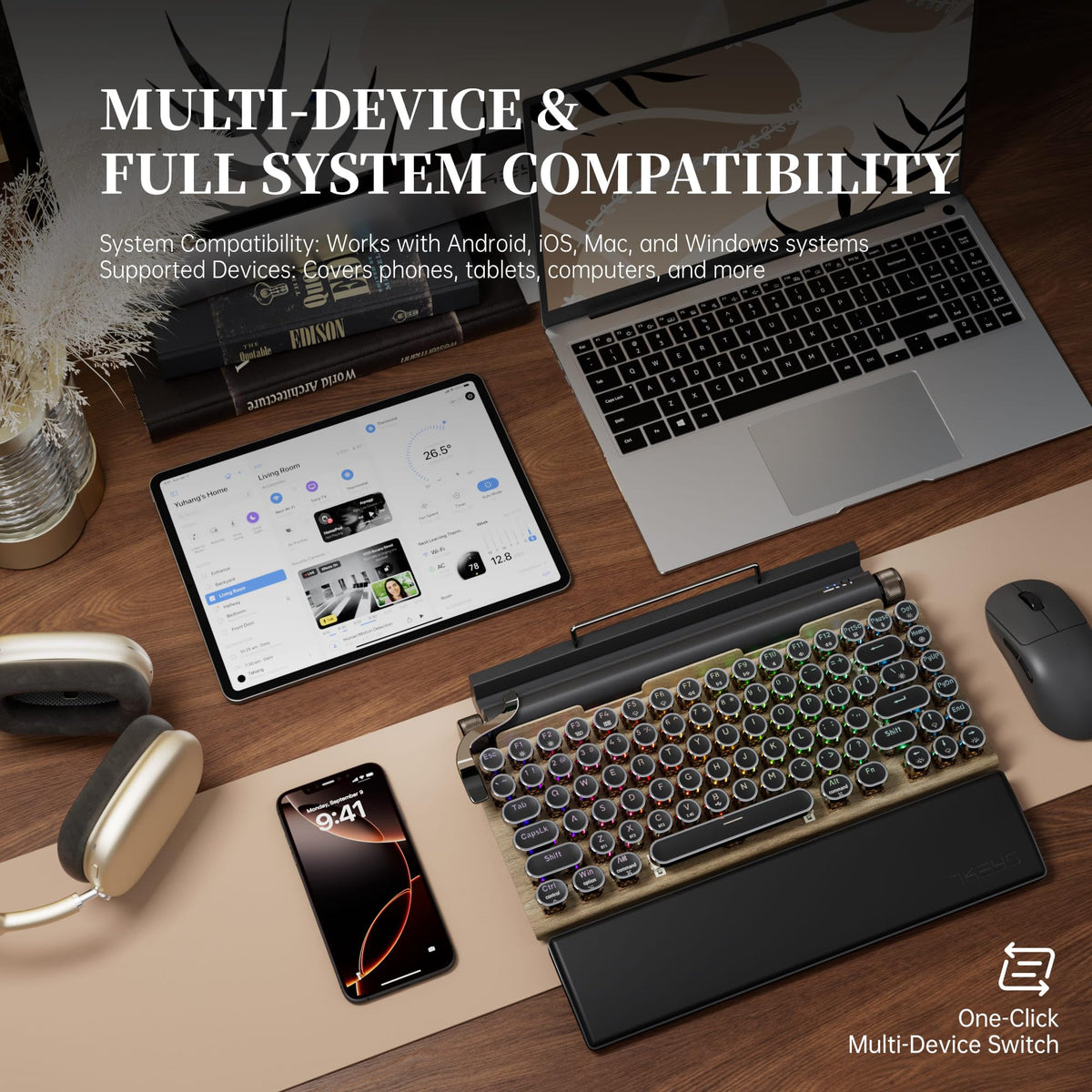 Wireless Retro Mechanical Keyboard with Wrist Rest N95234
