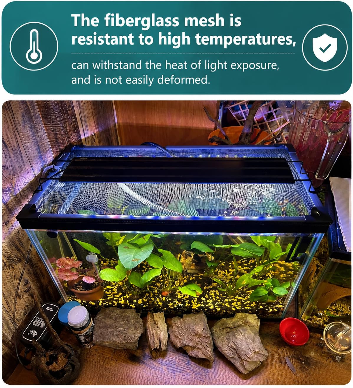 Magnetic Fish Tank Cover with Feeding Window Dark Grey Frame Grey Fiberglass Net O686997