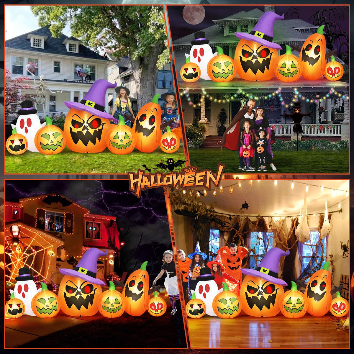 8FT Halloween Inflatables Pumpkin Witch Hat & Ghost Combo D7232