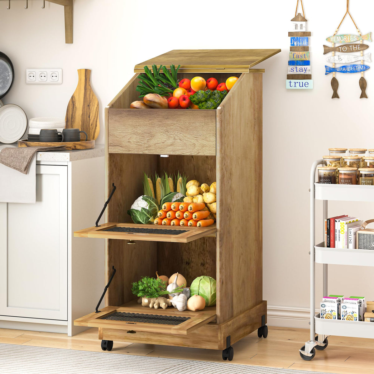 3 Tier Wooden Potato and Onion Storage Bin with Wheels V55497