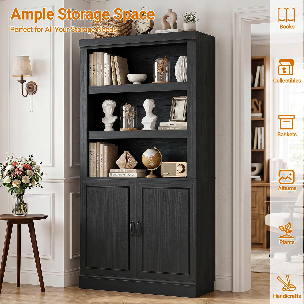 71" Tall Black Bookshelf with Doors and Adjustable Shelves Z898