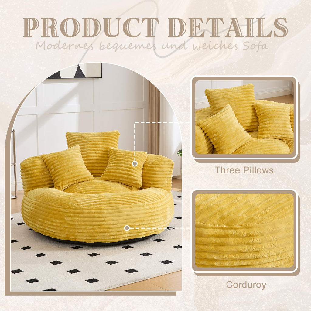 43" Mustard Yellow Corduroy Beanbag Sofa with Memory Foam A5226