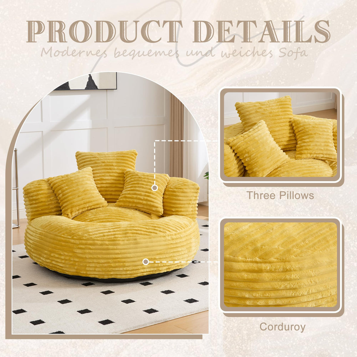 43" Mustard Yellow Corduroy Beanbag Sofa with Memory Foam A5226