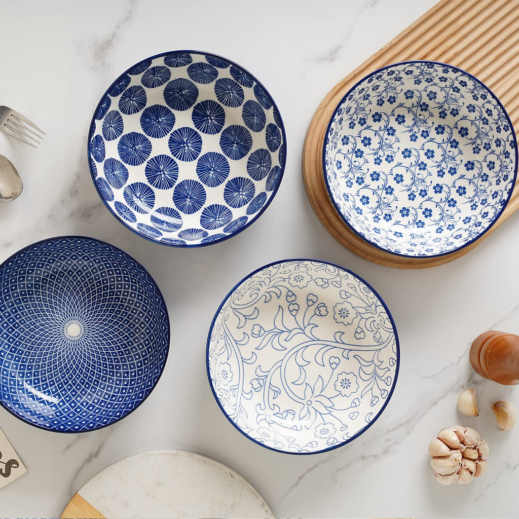Ceramic Pasta Bowls Set of 4, 30 OZ Vintage Blue B726