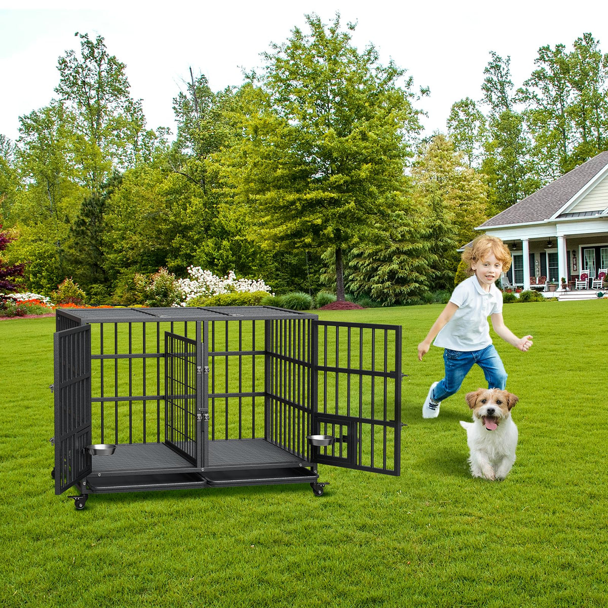 42 inch Heavy Duty Metal Dog Crate with Removable Tray and Wheels K897