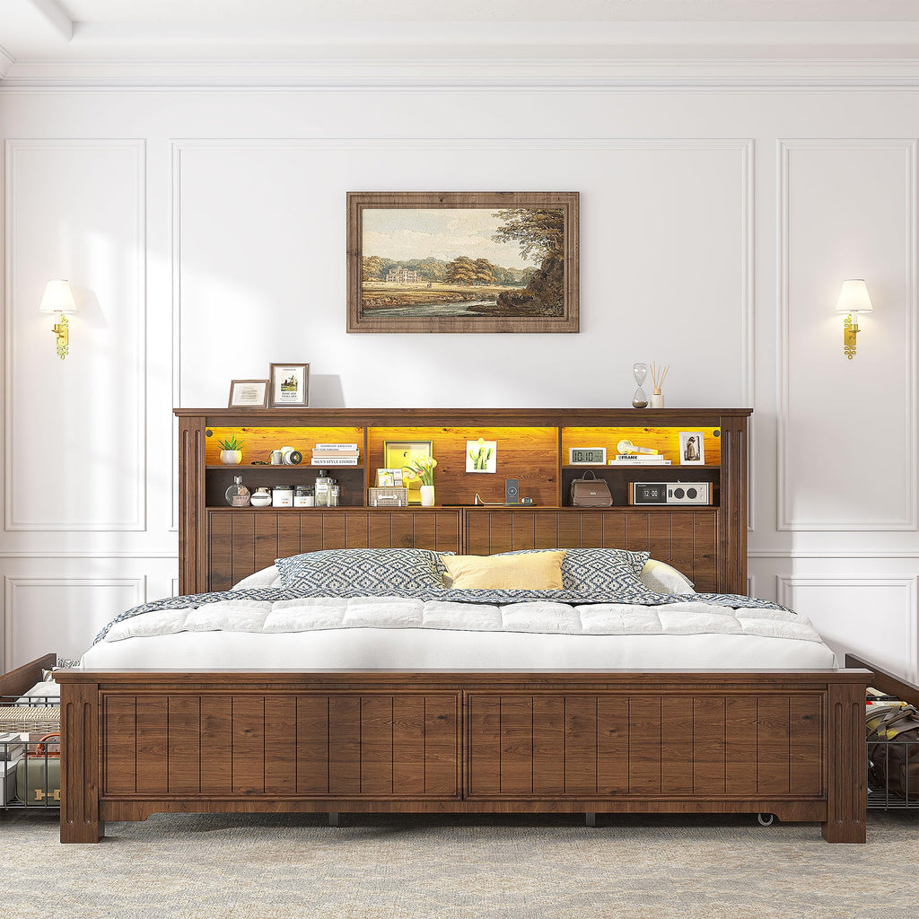 King Bed Frame with 4 Storage Drawers and Headboard Shelf, Brown W531031