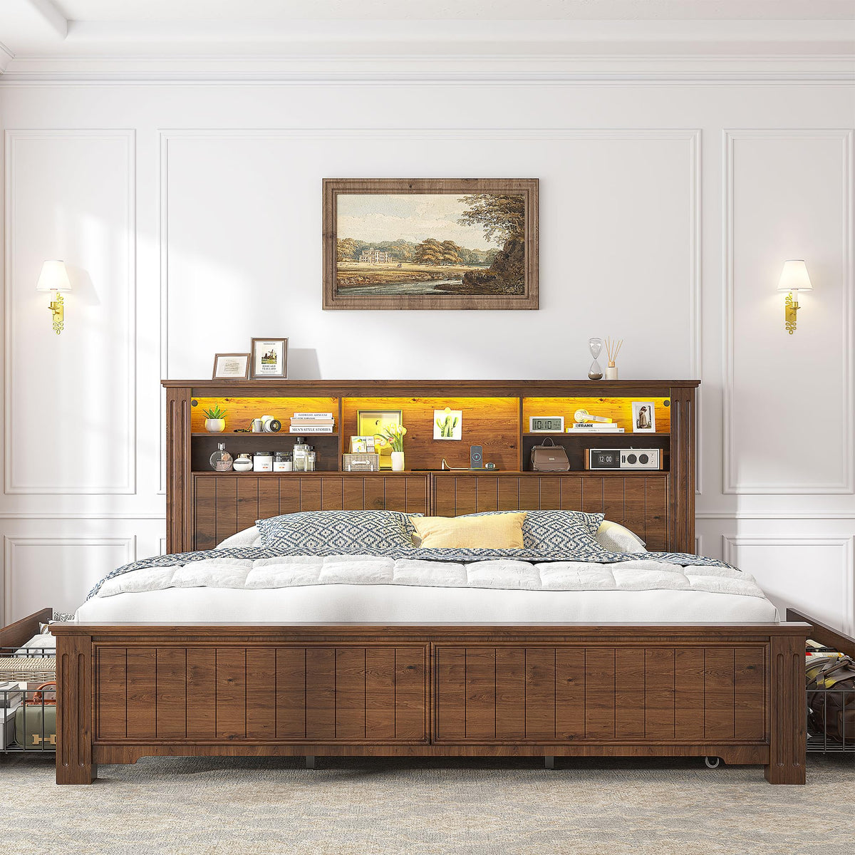 King Bed Frame with 4 Storage Drawers and Headboard Shelf, Brown W531031