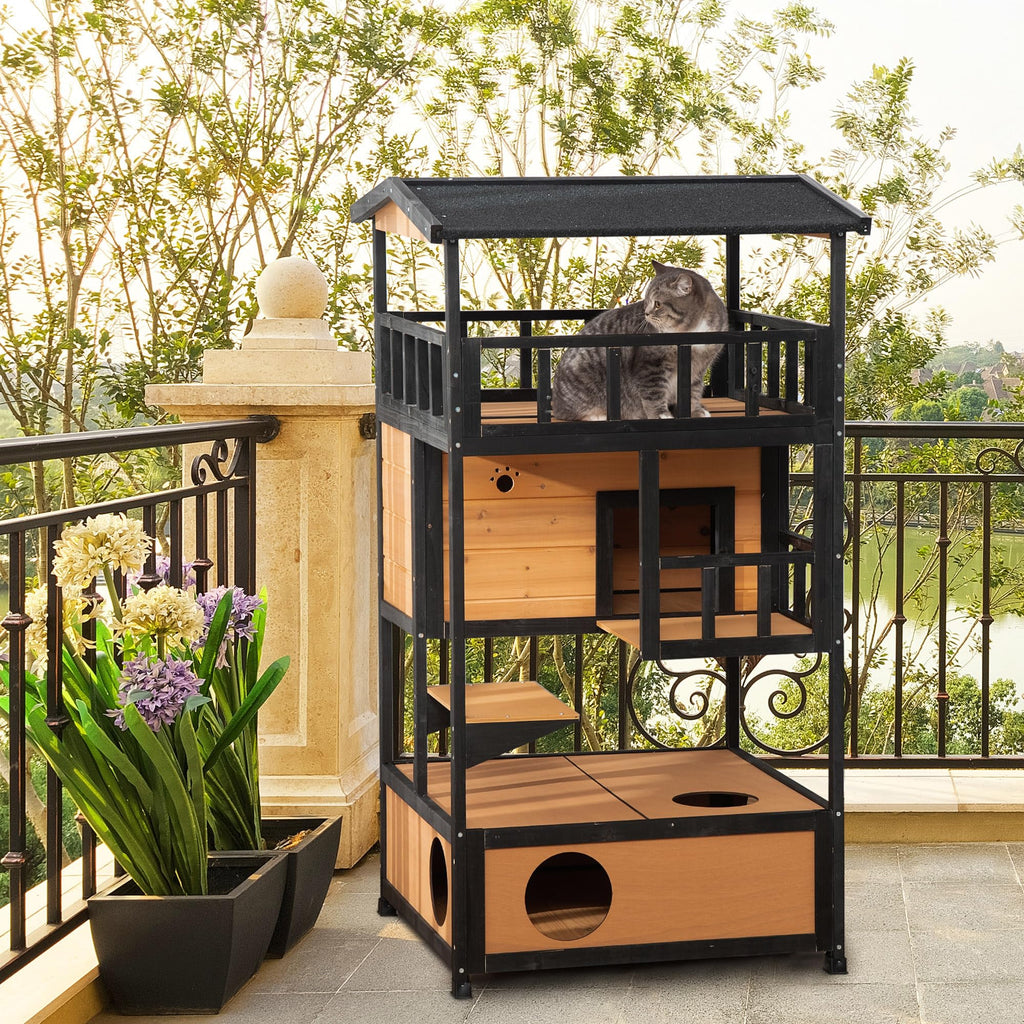 3-Story Wooden Outdoor Cat House with Raised Floor J24371